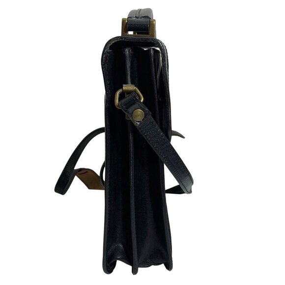 Vintage 80s Black Leather Top Handle Accordion Shoulder Bag Front Flap Clasp - Picture 3 of 11